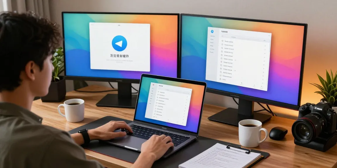 Customize Telegram Chinese settings in a modern tech workspace with dual monitors displaying language packs and vibrant interface.