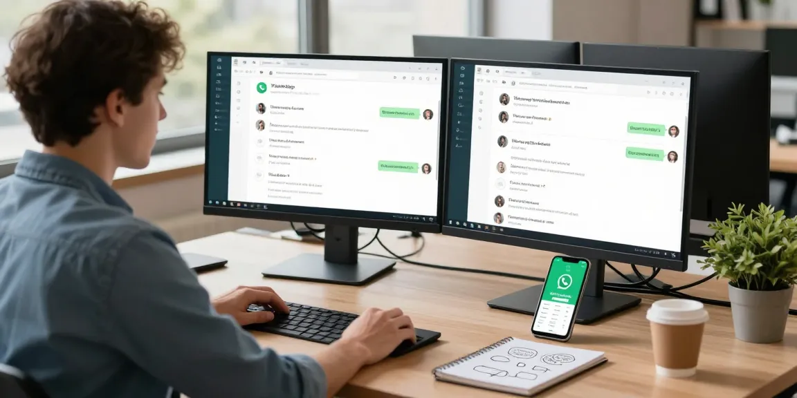 Using WhatsApp網頁版 on a modern desk with dual monitors, coffee, and greenery.