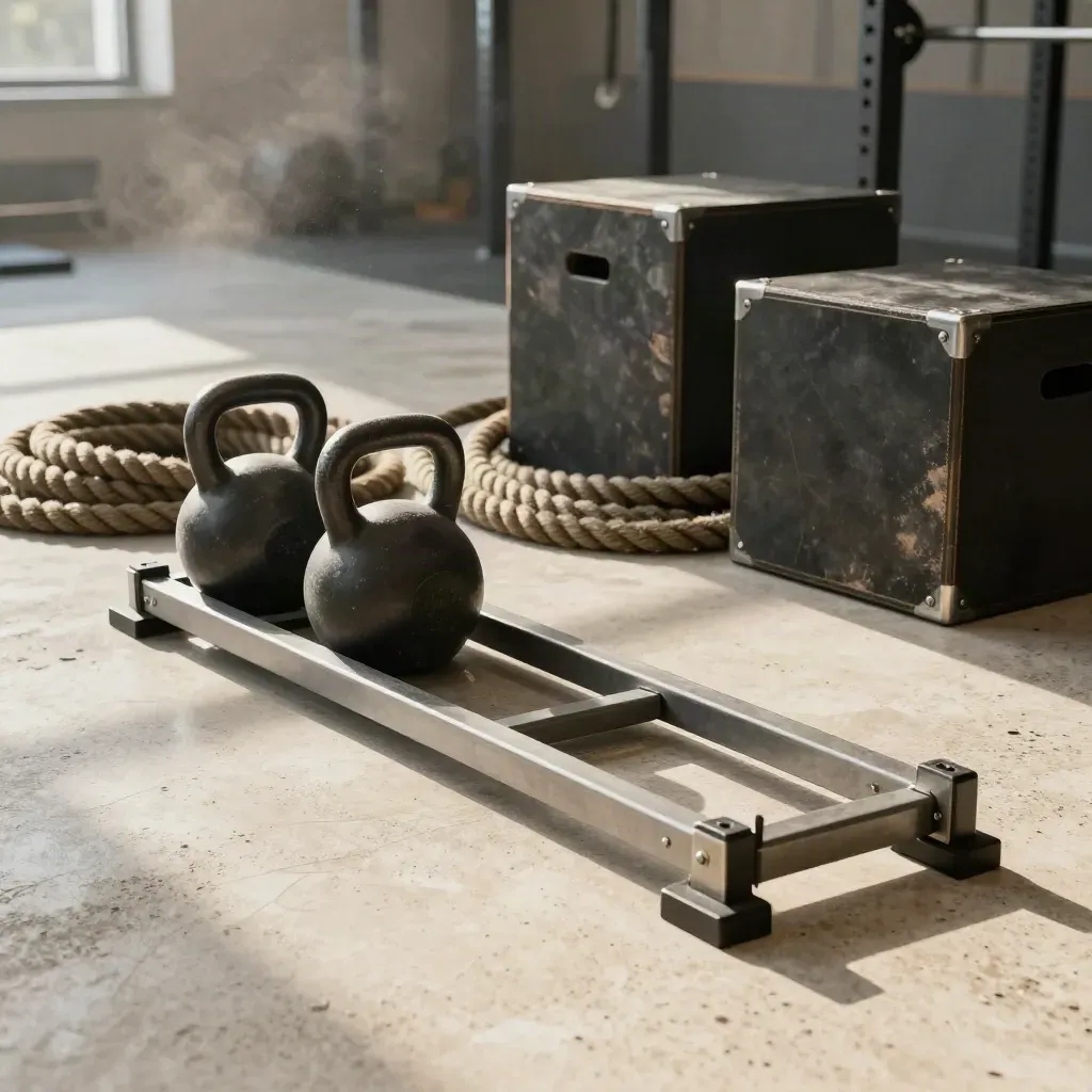 Kettlebell, saně, battle rope a plyo boxy v posilovně s drsnou atmosférou.