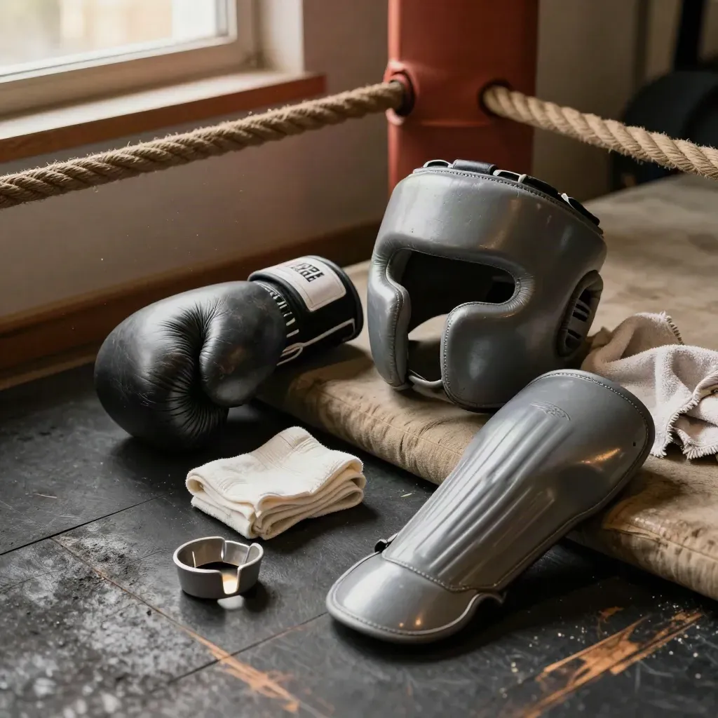 Výstroj na sparing: rukavice, chrániče, bandáže a otevřený chránič zubů v rohu ringu.