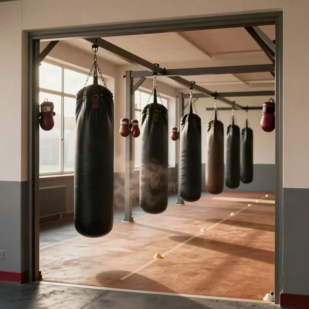 Řada boxovacích pytlů, lapy a kužely v připraveném gymu v prázdném momentu.