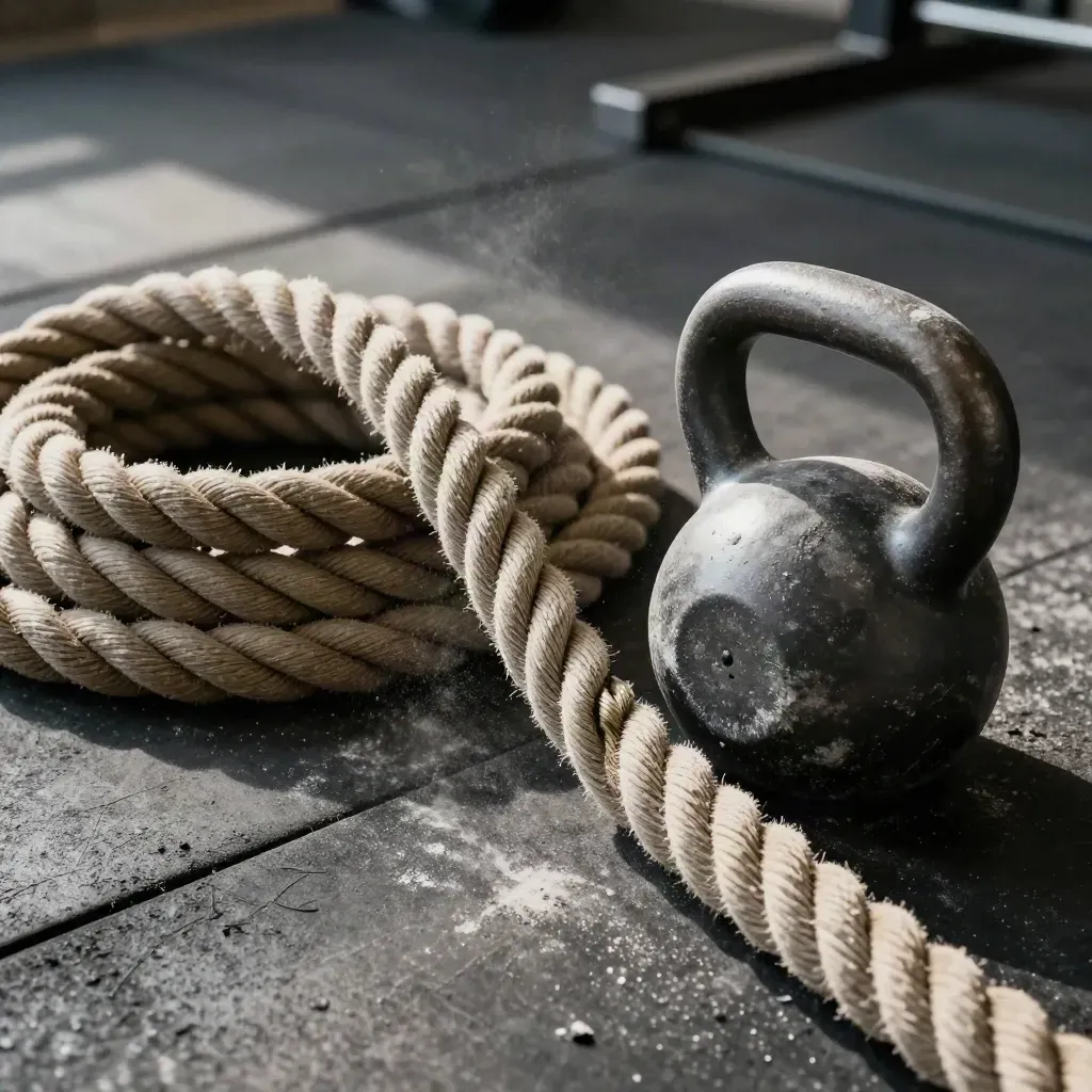 Detail švihadla, sáně a kettlebell rukojeti s křídovým prachem na gymové podlaze.