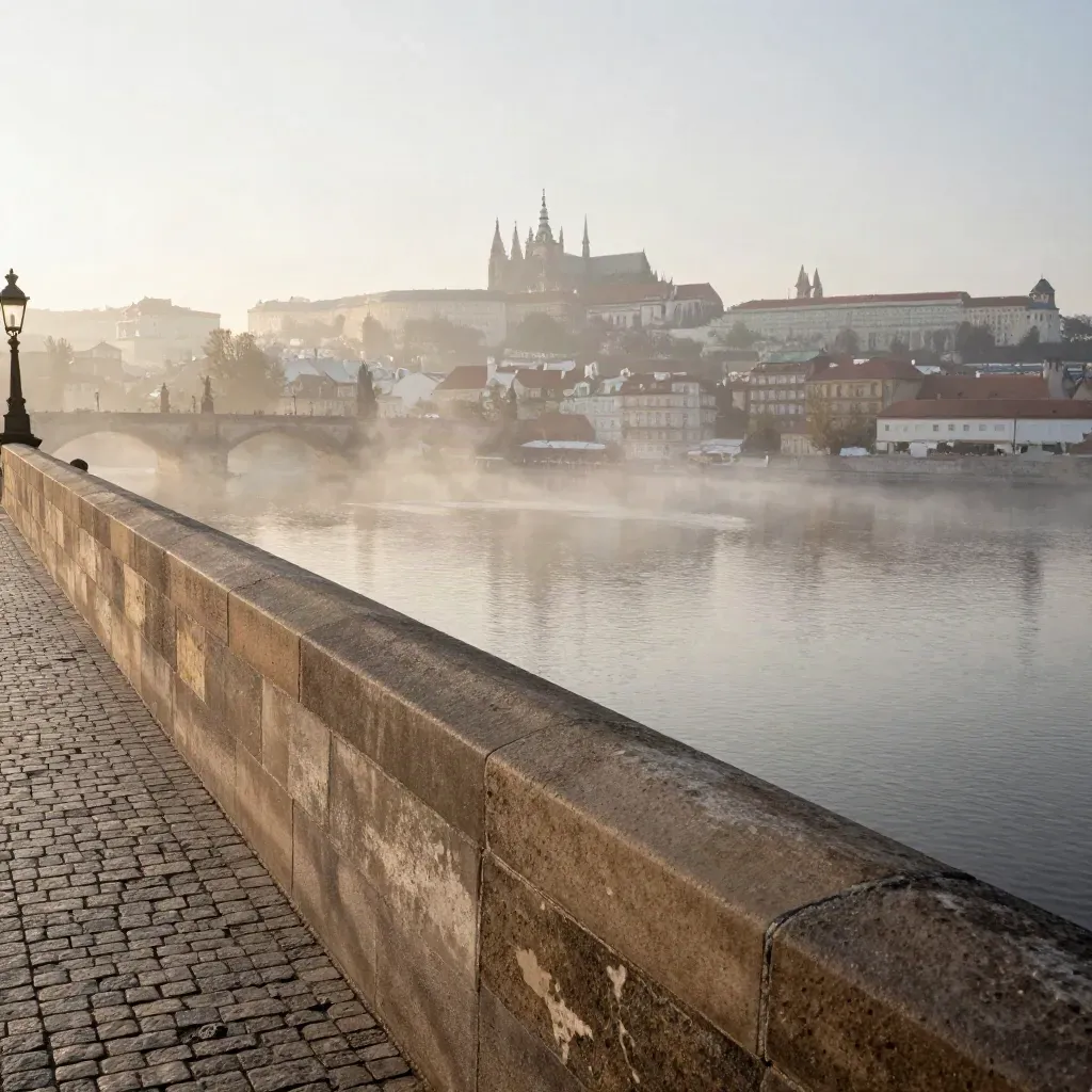 Praha za úsvitu s Karlovým mostem a siluetou hradu nad mlhou nad Vltavou.