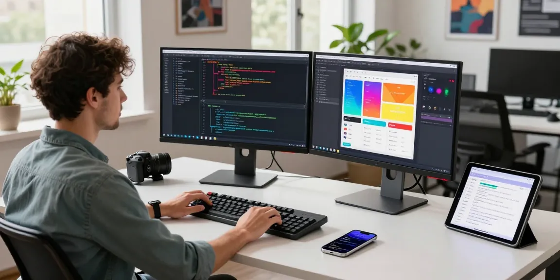 快连 provides an innovative tech workspace with a developer coding on dual screens and a clean, modern office environment.
